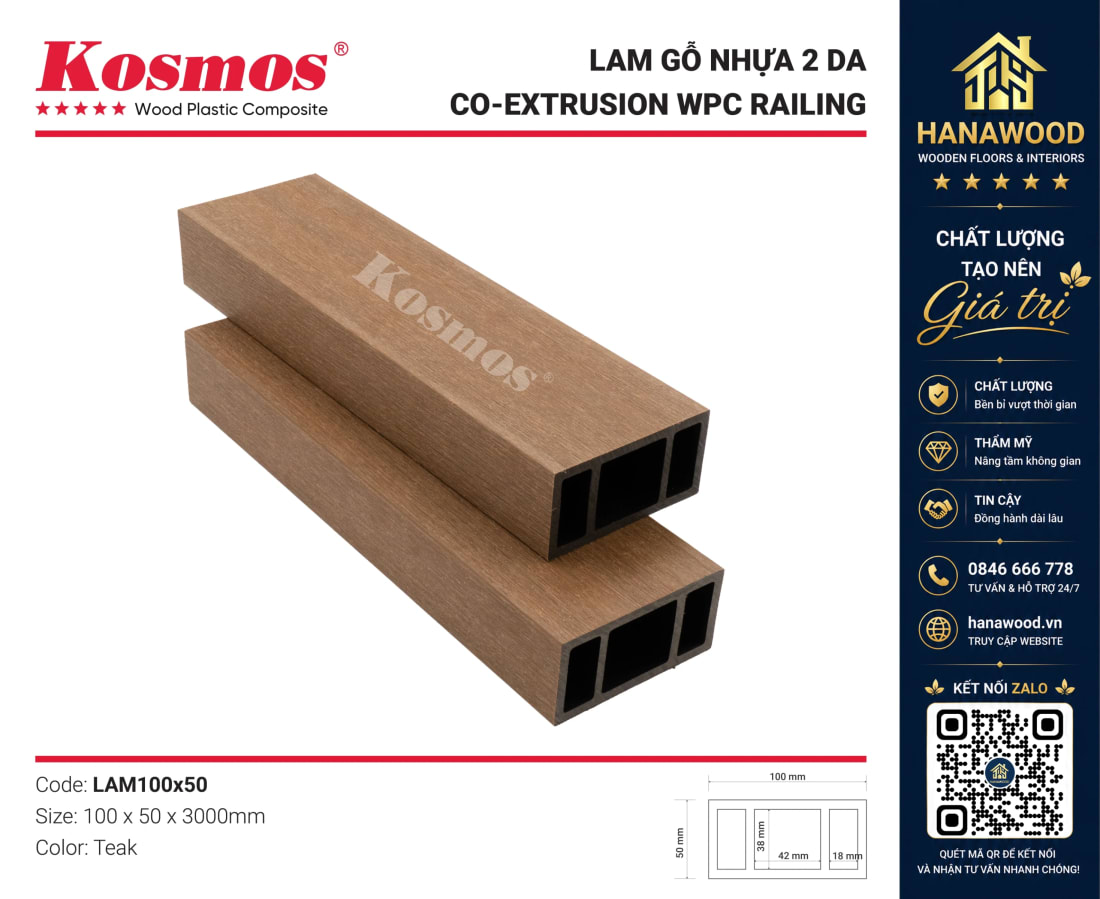 Lam Hộp Gỗ Nhựa 2 Da Trang Trí Kosmos Lam100X50 Teak bề mặt vân gỗ 3D