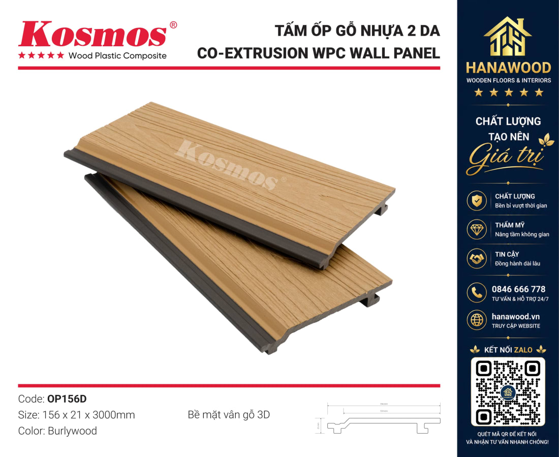 Tấm Ốp Gỗ Nhựa Ngoài Trời 2 Da Kosmos OP156D Burlywood chịu mưa nắng tốt