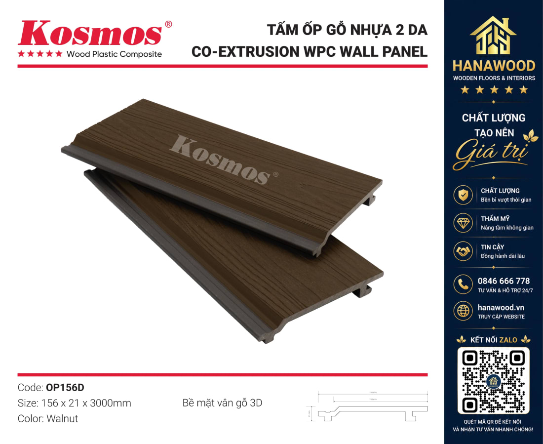 Tấm Ốp Tường Gỗ Nhựa Ngoài Trời 2 Da Kosmos OP156D Teak màu sắc tự nhiên