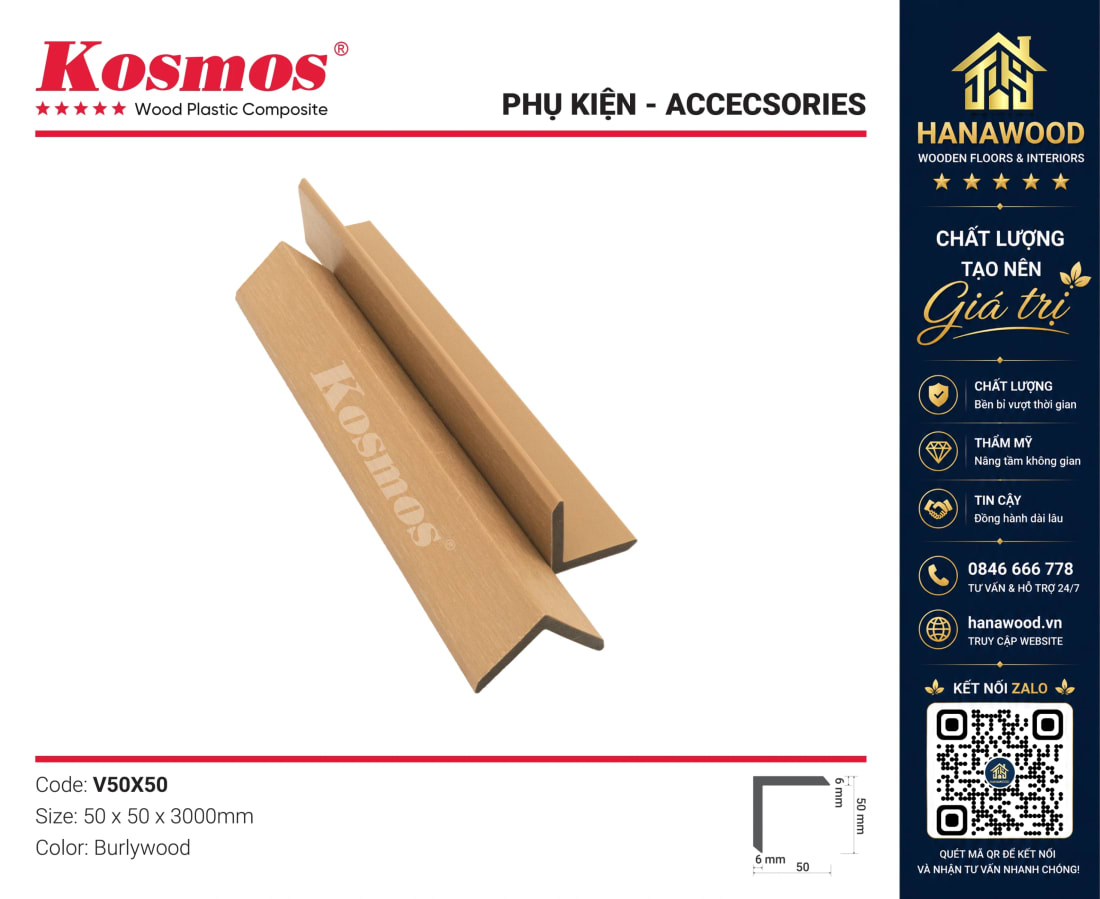 Nẹp V Gỗ Nhựa Ngoài Trời 2 Da Kosmos V50X50 Burlywood bo viền viền góc thẩm mỹ