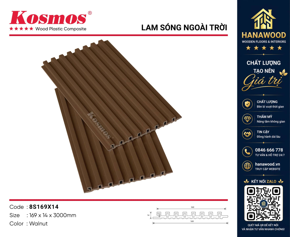 Tấm Lam Sóng Ốp Trần Phủ ASA Kosmos 8S169X14 Walnut kết cấu hèm khóa lắp ghép khít