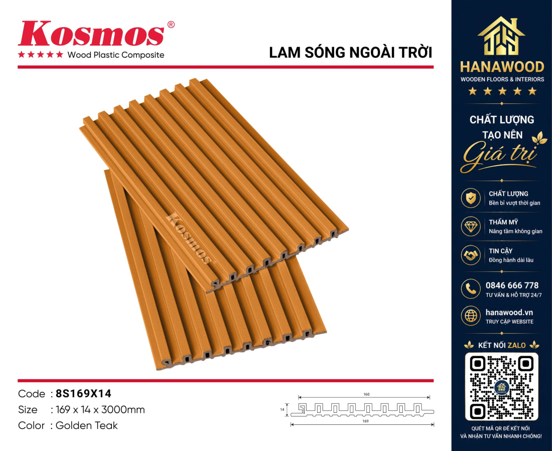 Tấm Ốp Lam 8 Sóng Phủ ASA Kosmos 8S169X14 Golden Teak siêu chịu lực chịu nắng mưa