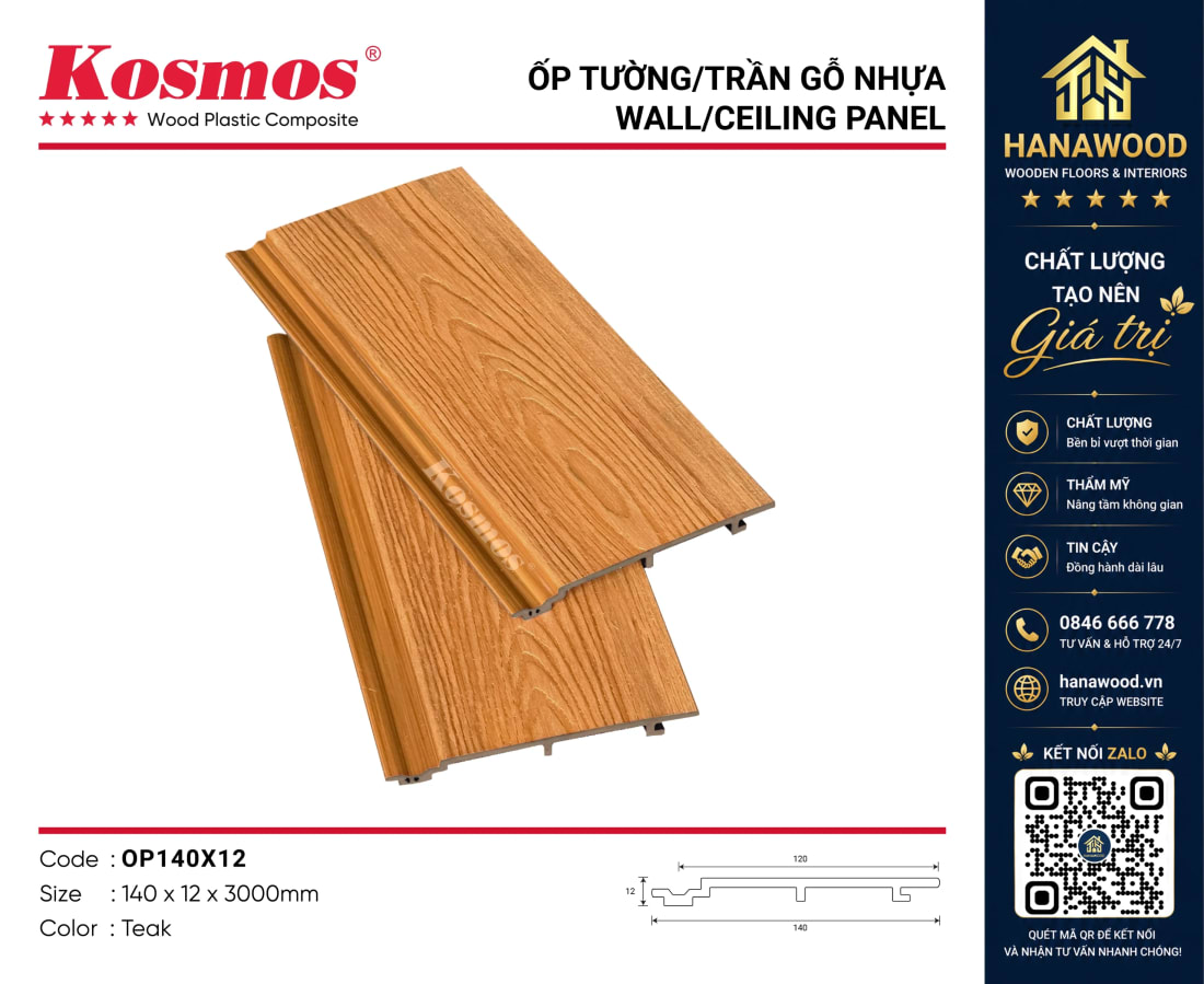 Tấm Ốp Trần Gỗ Nhựa Phủ ASA Kosmos OP140X12 Teak khả năng chống bám bẩn dễ lau chùi
