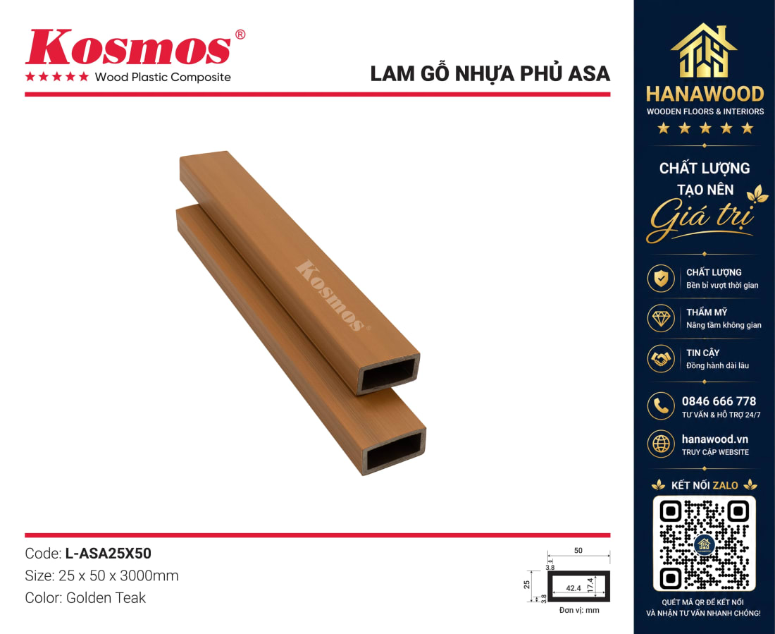 Lam Hộp Gỗ Nhựa Phủ ASA Kosmos L-ASA25X50 Golden Teak siêu bền màu chống tia UV