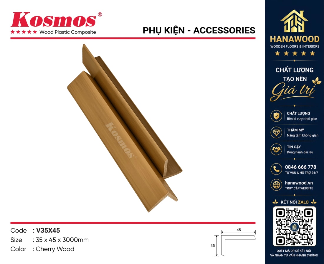 Nẹp Góc V Gỗ Nhựa Phủ ASA Kosmos V35X45 Cherry Wood bo viền góc bảo vệ mép sàn
