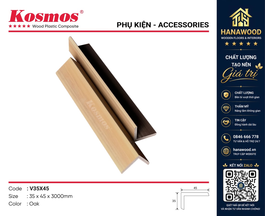 Nẹp Góc V Gỗ Nhựa Phủ ASA Kosmos V35X45 Oak cấu tạo chắc chắn bo viền đẹp mắt