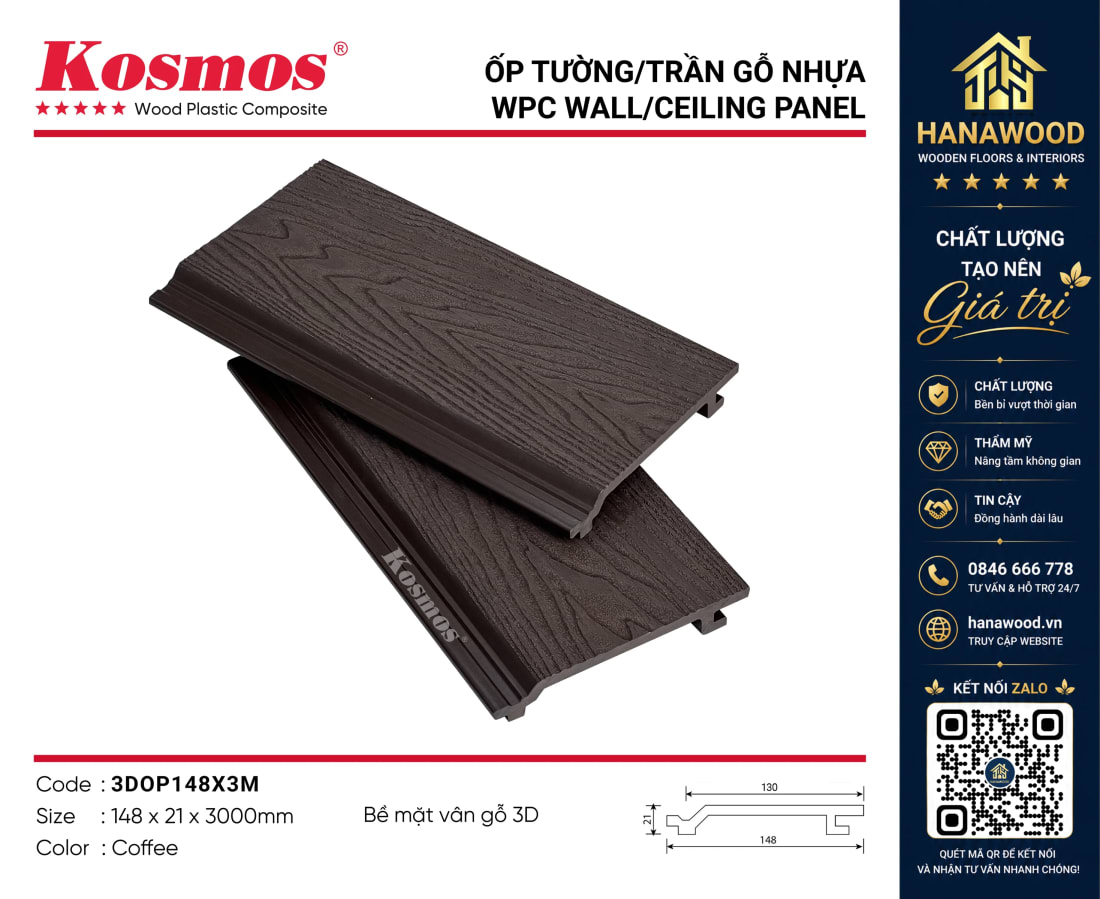Tấm Ốp Tường Trần Gỗ Nhựa Ngoài Trời Kosmos 3DOP148X3M Coffee chống chịu nắng mưa siêu bền