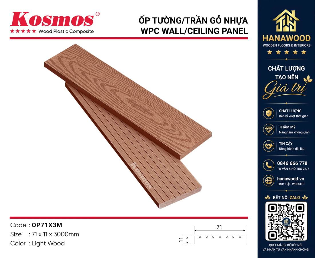 Thanh Lam Gỗ Nhựa Đa Năng Kosmos OP71X3M Light Wood hình ảnh phối cảnh dựng khung trang trí thực tế