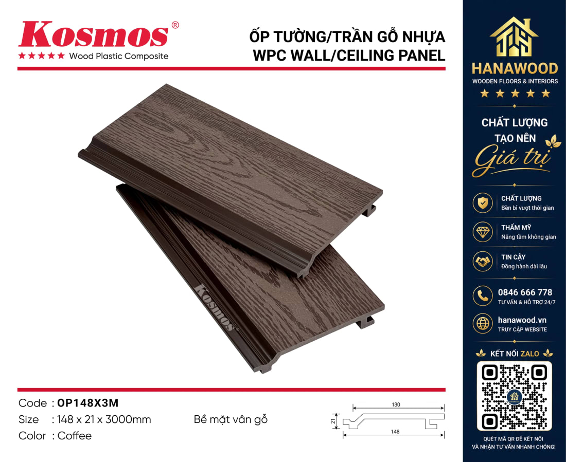 Tấm Ốp Tường Vân Gỗ Ngoài Trời Kosmos OP148X3M Coffee chống trầy xước không bám bụi