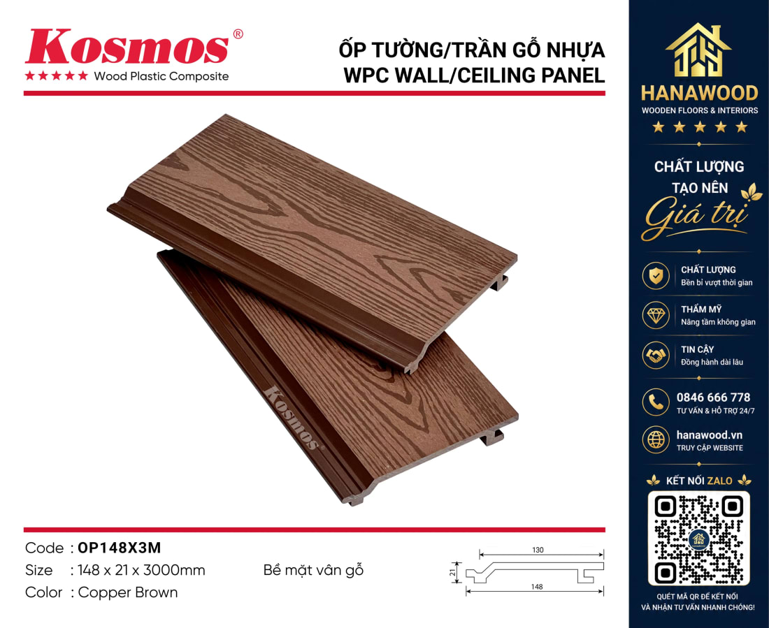 Ốp Trần Gỗ Nhựa Ngoài Trời Kosmos OP148X3M Copper Brown mảng trần hiên cách nhiệt hiệu quả