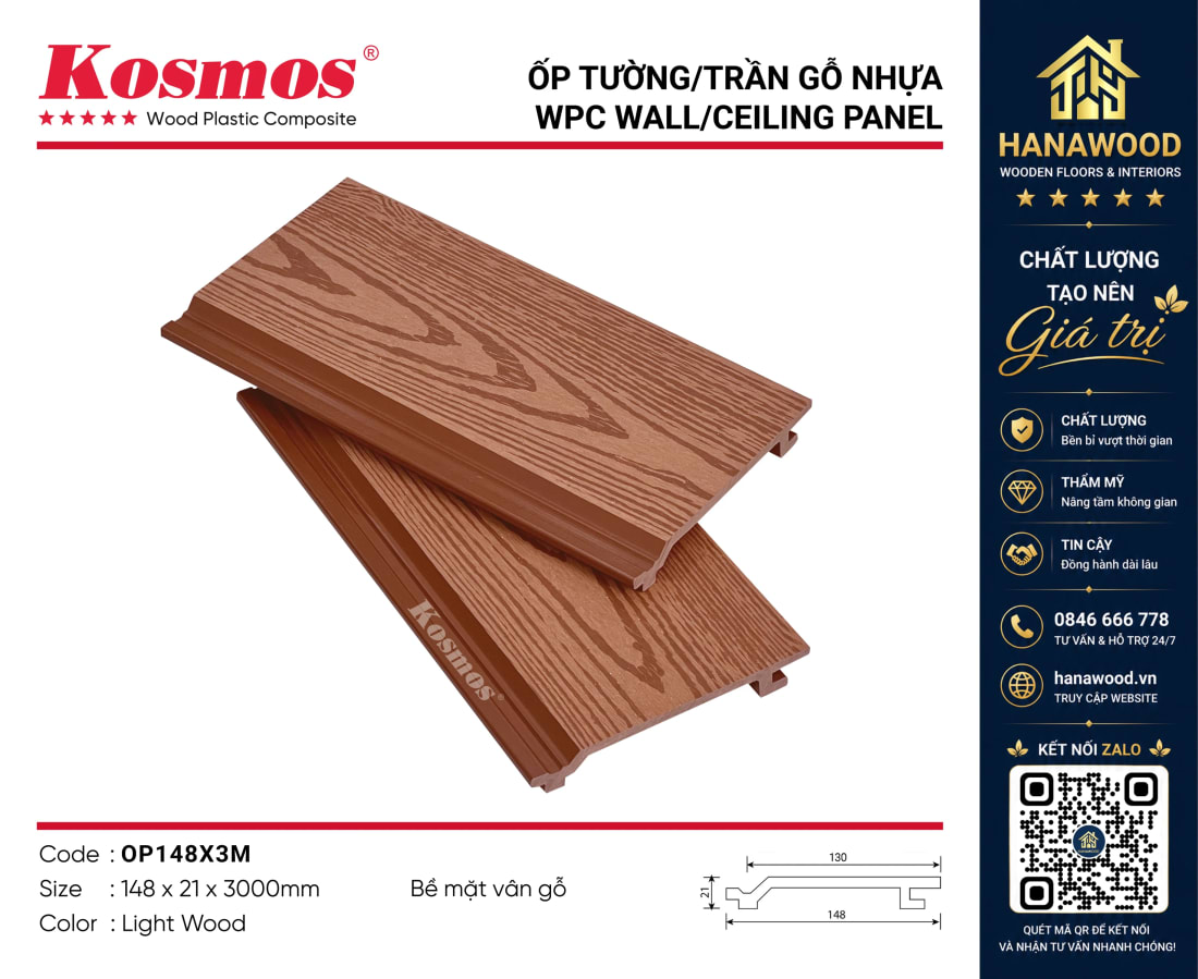 Tấm Ốp Ngoài Trời Vân Gỗ Kosmos OP148X3M Light Wood phối cảnh thực tế mảng tường hoàn thiện