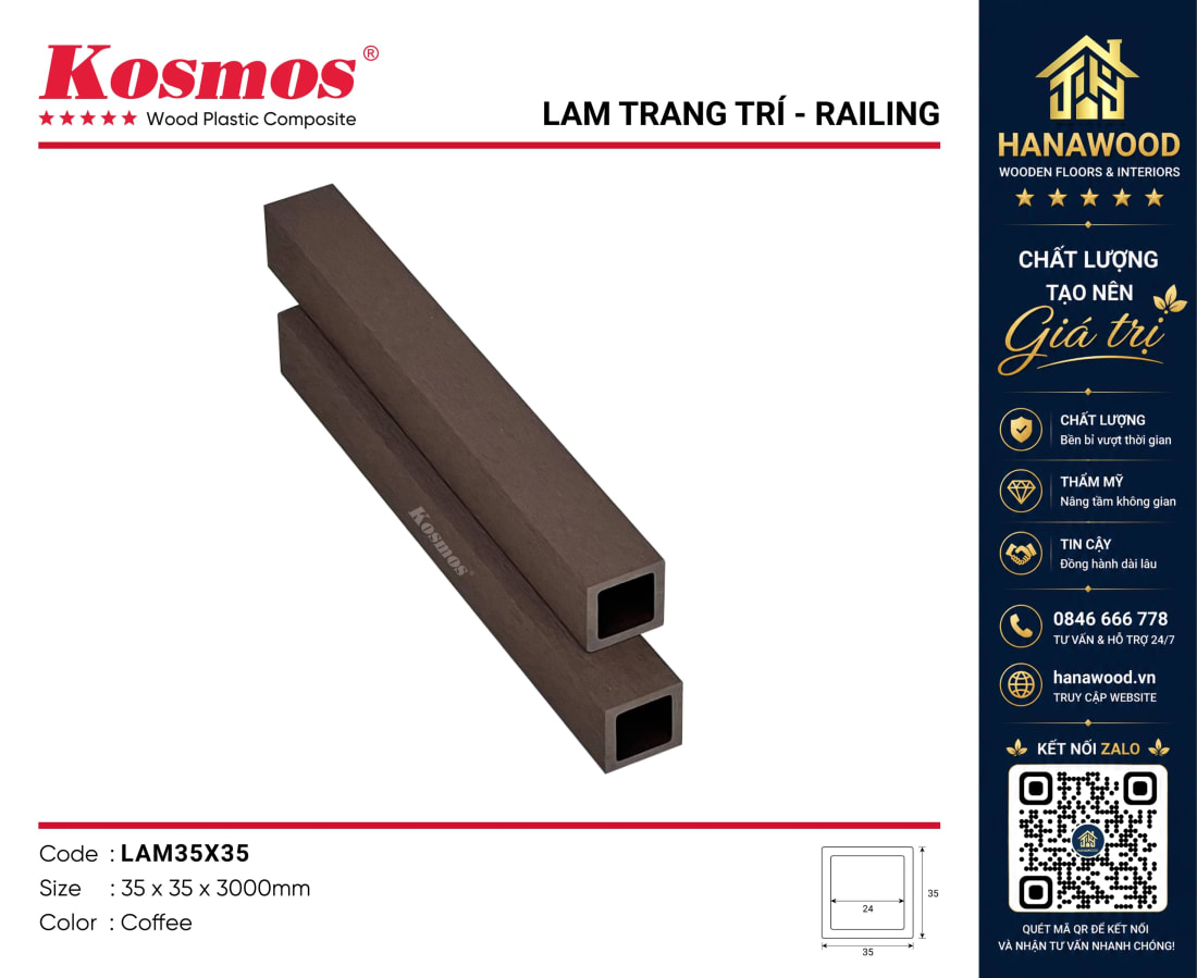Thanh Lam Hộp Gỗ Nhựa Kosmos LAM35x35 Coffee chống cong vênh mối mọt siêu bền