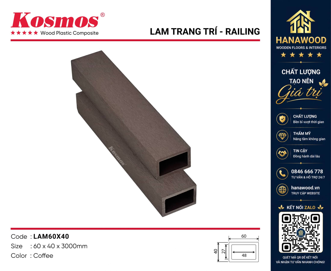Thanh Lam Gỗ Nhựa Trang Trí Kosmos LAM60x40 Coffee khả năng chống nước tuyệt đối
