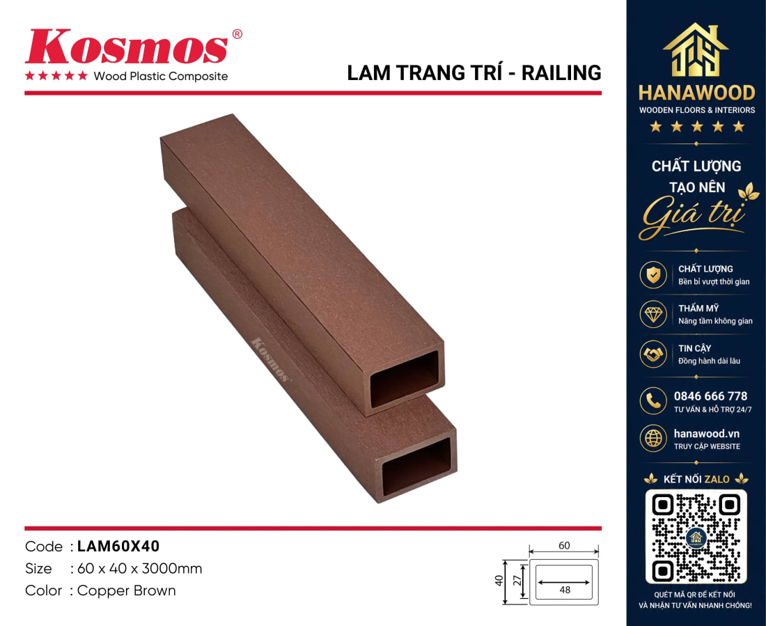 Thanh Lam Gỗ Nhựa Ngoài Trời Kosmos LAM60x40 Copper Brown không phai màu theo thời gian