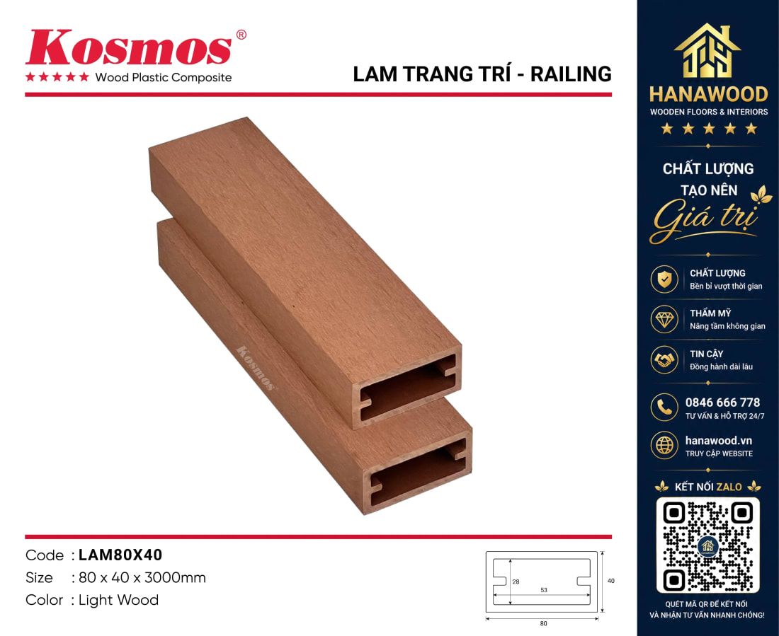 Thanh Lam Che Nắng Gỗ Nhựa Kosmos LAM80x40 Light Wood mộc mạc chống bám bụi