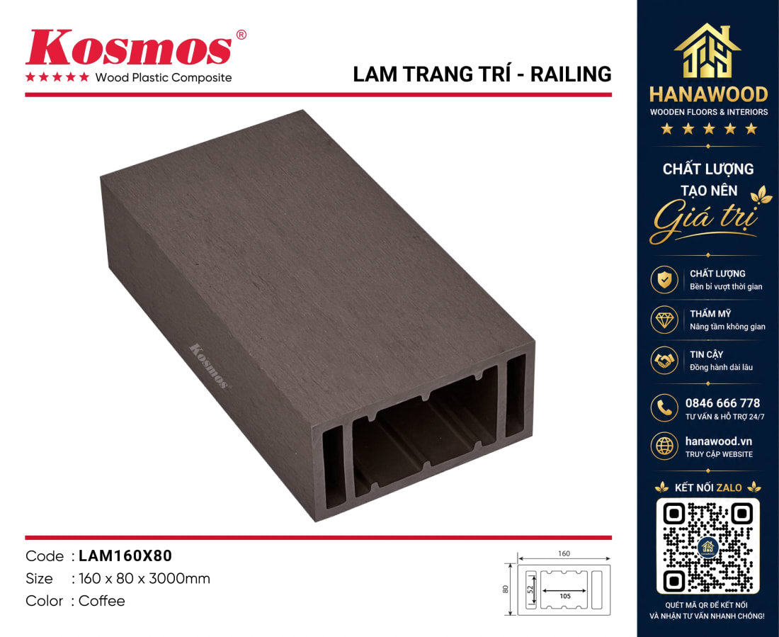 Thanh Lam Hộp Gỗ Nhựa Kosmos LAM160x80 Coffee tiết diện lớn cứng cáp chịu lực