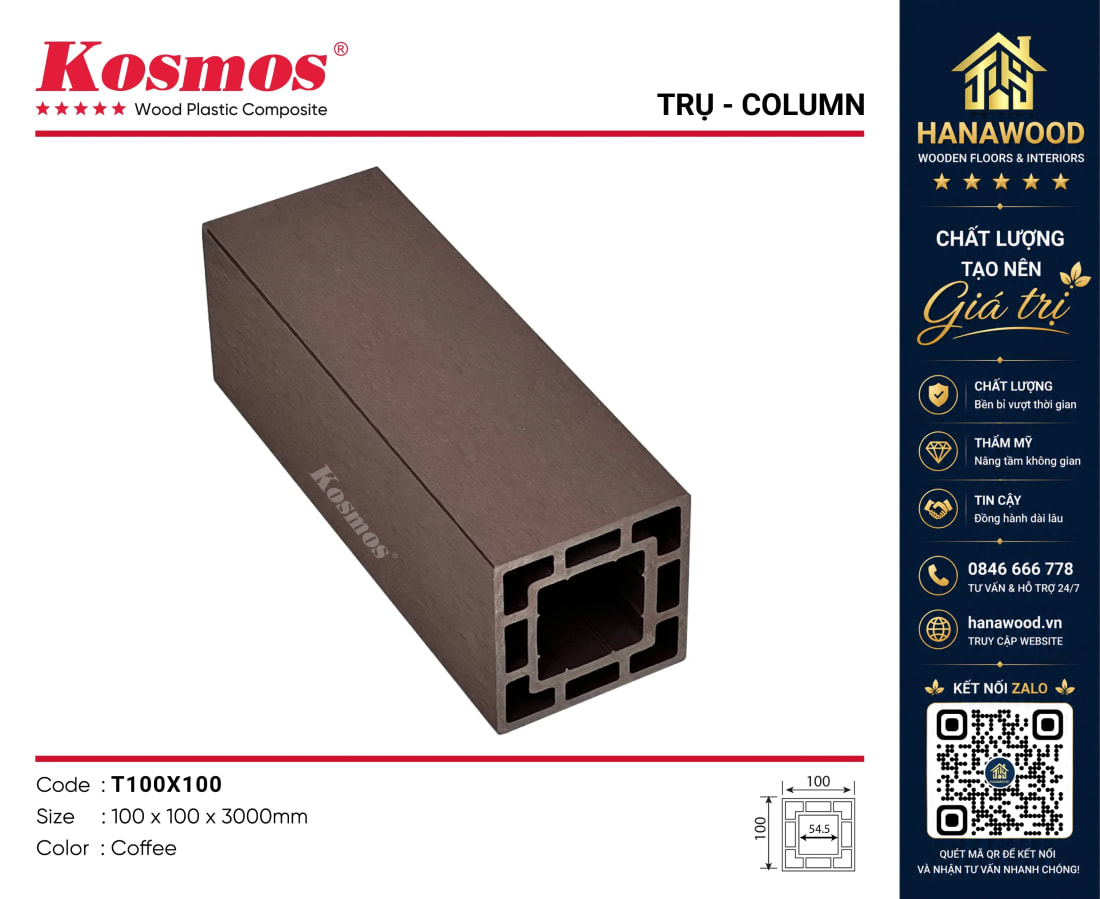 Trụ Pergola Giàn Hoa Kosmos T100x100 Coffee lõi rỗng chịu tải trọng lớn ngoài trời
