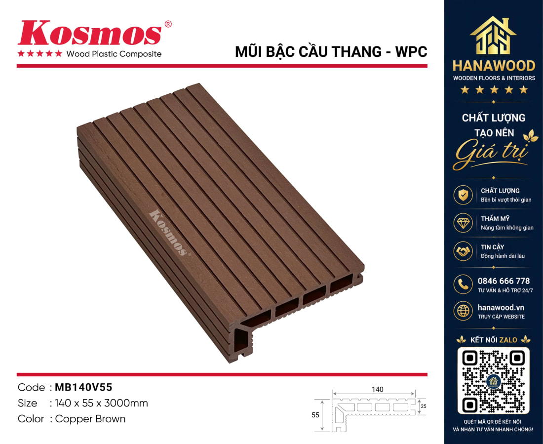 Mũi Bậc Cầu Thang Sàn Gỗ Nhựa Kosmos MB140V55 Copper Brown chống trơn trượt chịu lực cao