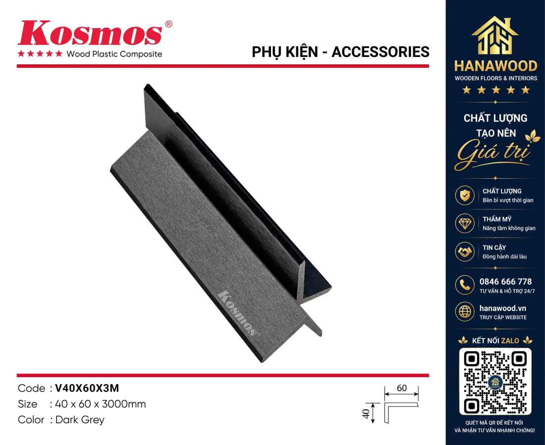 Nẹp Góc V Gỗ Nhựa Ngoài Trời Kosmos V40X60X3M Dark Grey bo góc vuông chắc chắn chịu tải