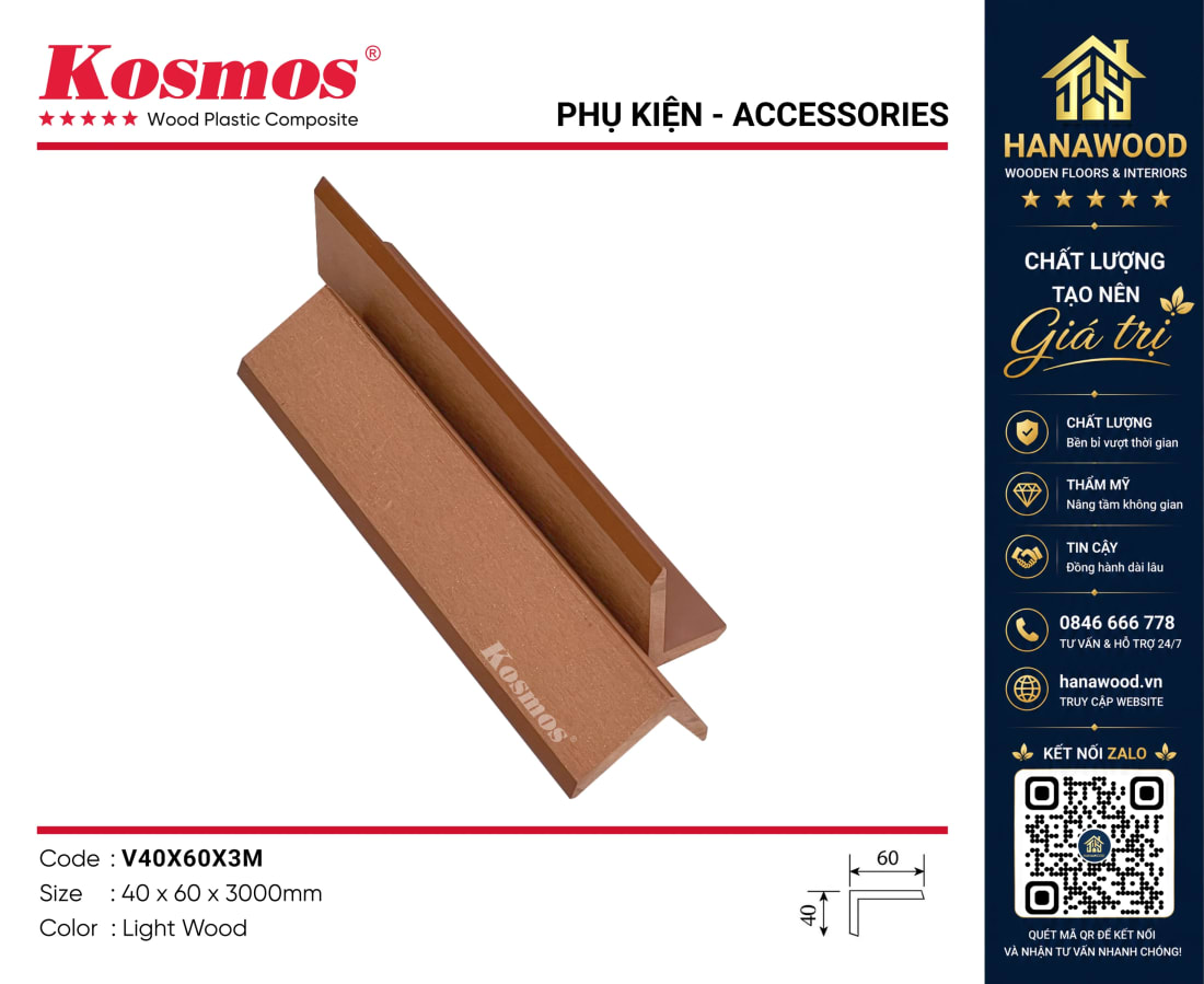 Nẹp V Gỗ Nhựa Ngoài Trời Kosmos V40X60X3M Light Wood lớp phủ chống tia UV bền màu