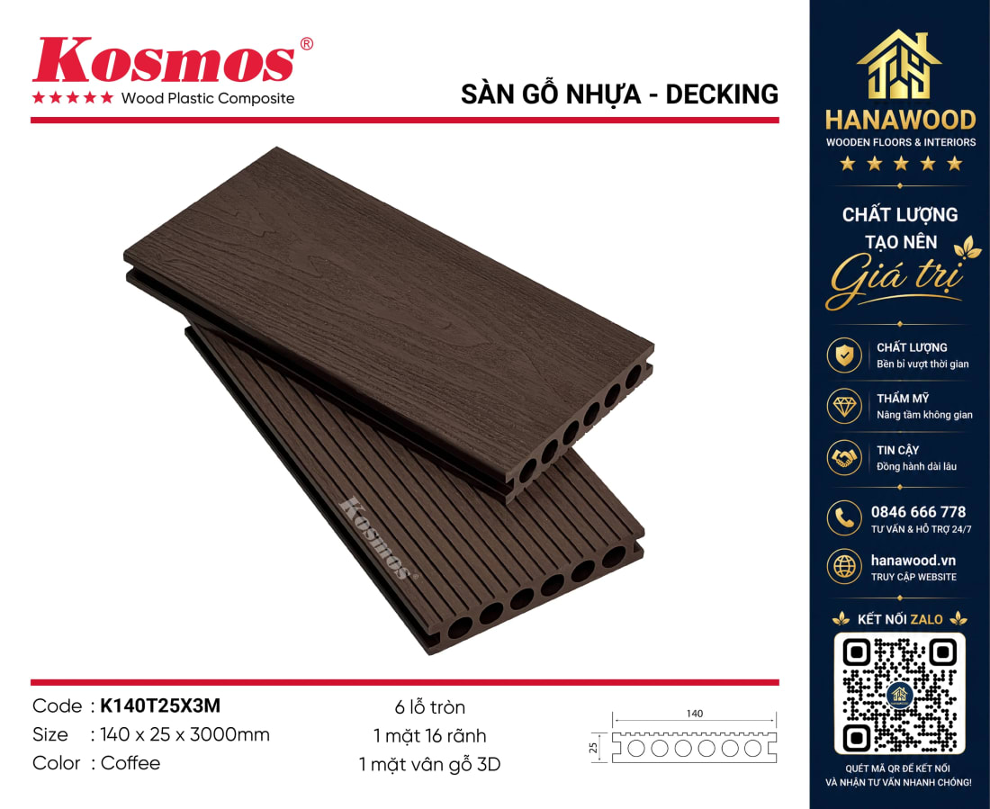 Sàn Gỗ Nhựa Lỗ Tròn Ngoài Trời Kosmos K140T25X3M Coffee chịu lực cao chống trơn trượt