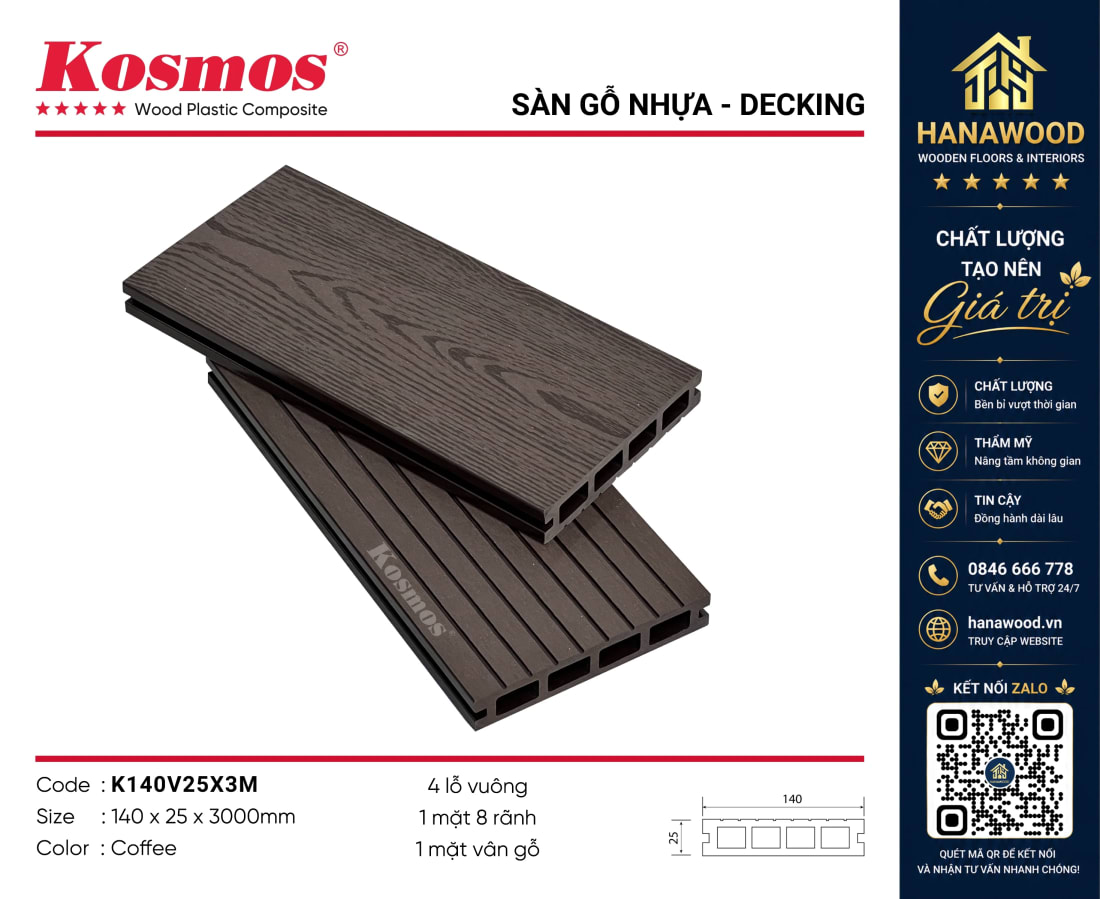 Tấm Ốp Sàn Gỗ Nhựa Lỗ Vuông Kosmos K140V25X3M Coffee thoát nước nhanh chịu thời tiết