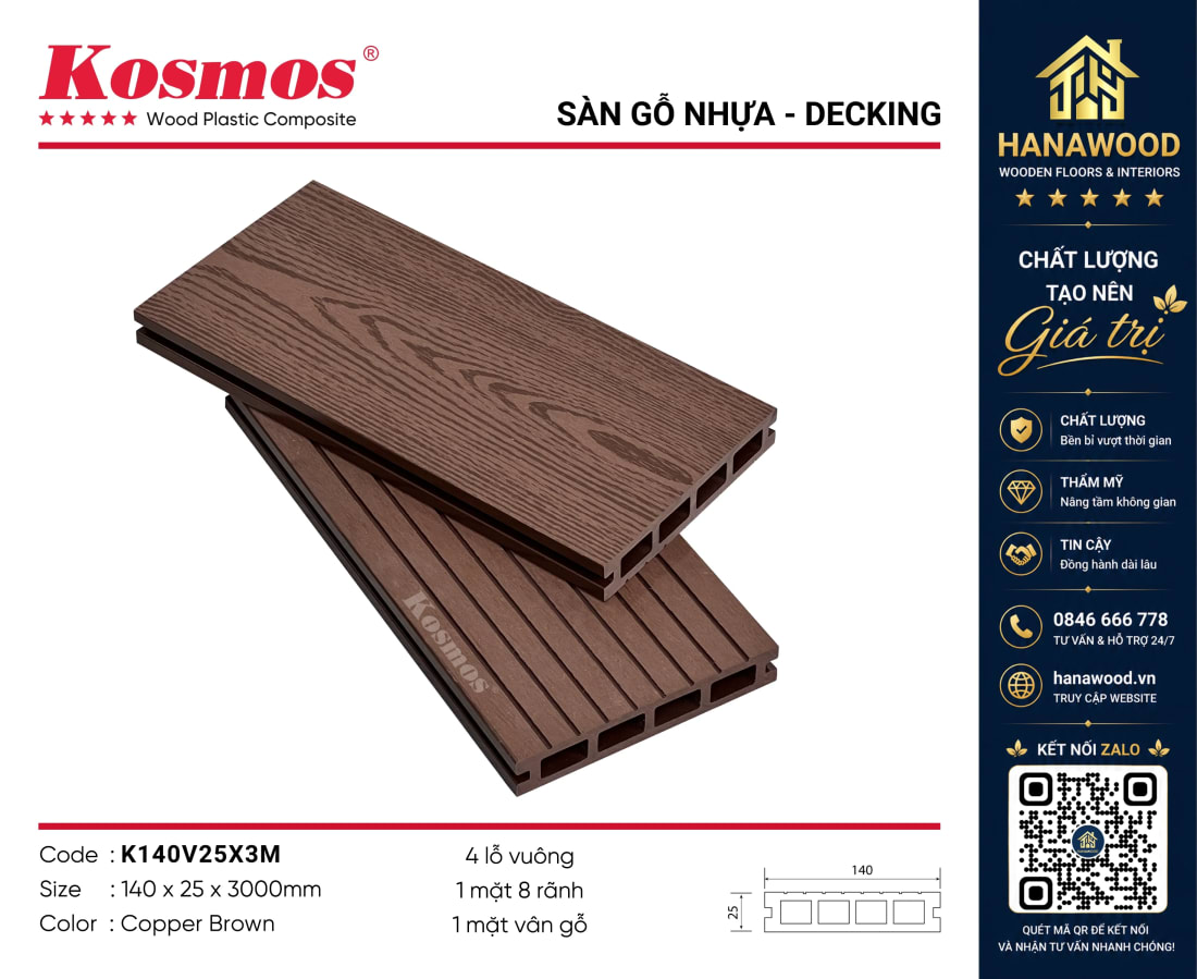 Sàn Gỗ Nhựa Lỗ Vuông Ngoài Trời Kosmos K140V25X3M Copper Brown mộc mạc chống mối mọt
