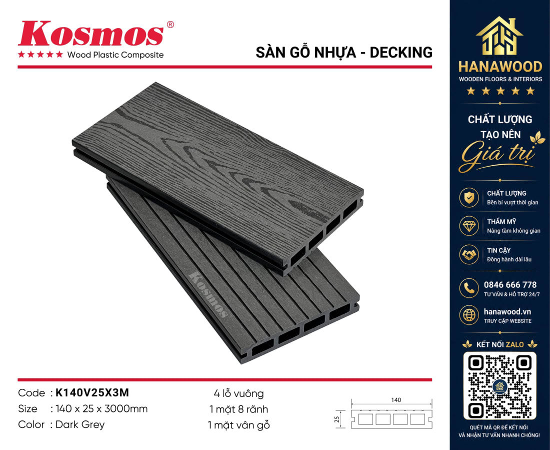 Sàn Hồ Bơi Lỗ Vuông Gỗ Nhựa Kosmos K140V25X3M Dark Grey chịu lực va đập bề mặt nhám