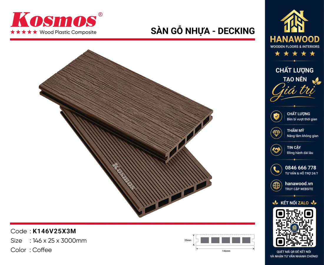 Sàn Gỗ Nhựa 5 Lỗ Vuông Vân 3D Kosmos K146V25 Copper Brown cấu trúc cứng cáp bền màu