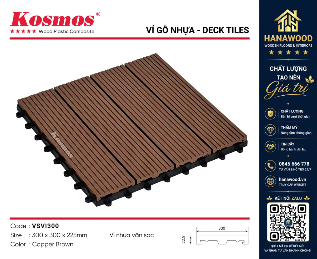 Vỉ Lót Sàn Ban Công Vân Sọc Kosmos VI300 Copper Brown chống trơn trượt hiệu quả