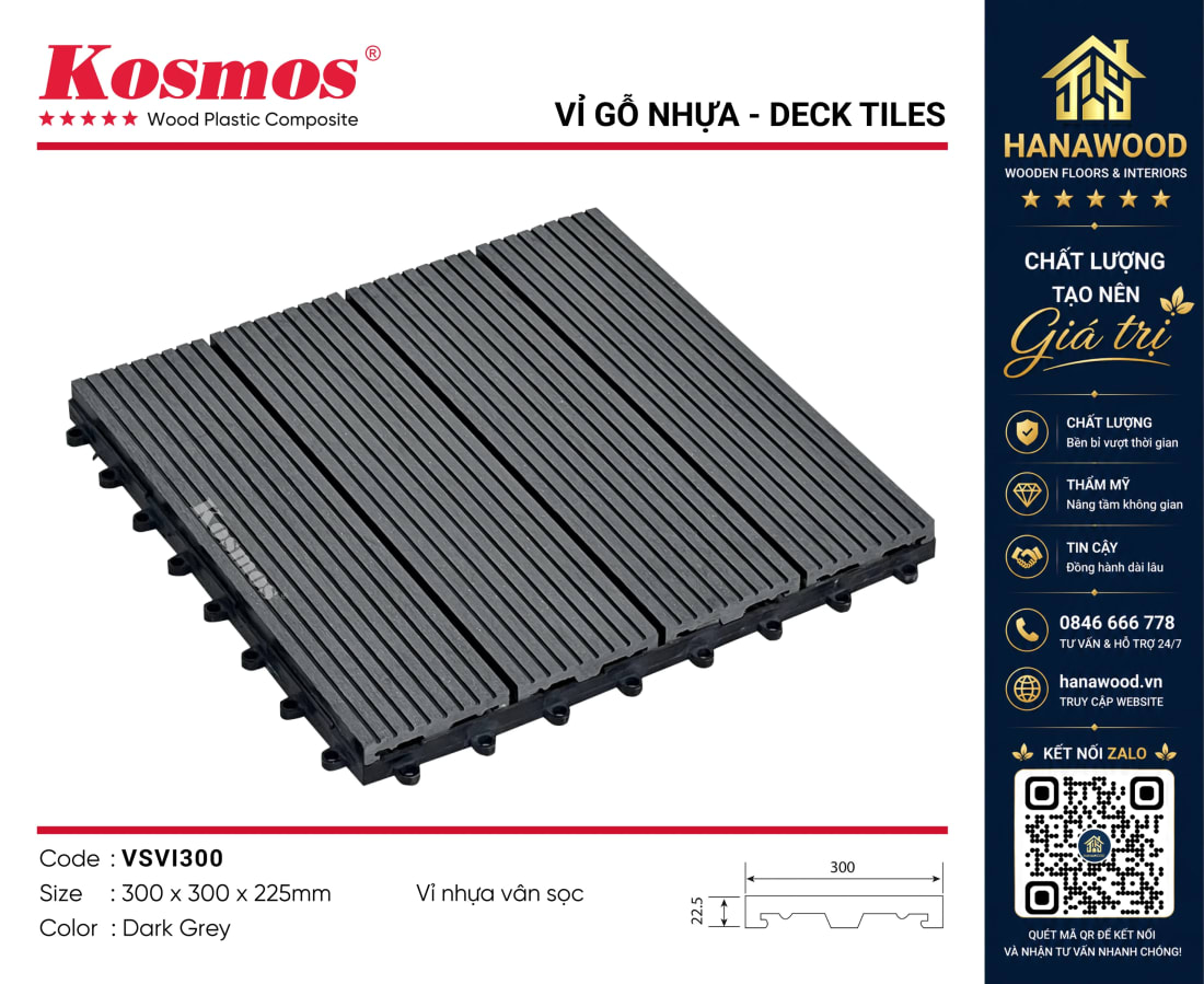 Vỉ Gỗ Nhựa Lót Sàn Sân Vườn Kosmos VI300 Dark Grey chất liệu composite siêu bền