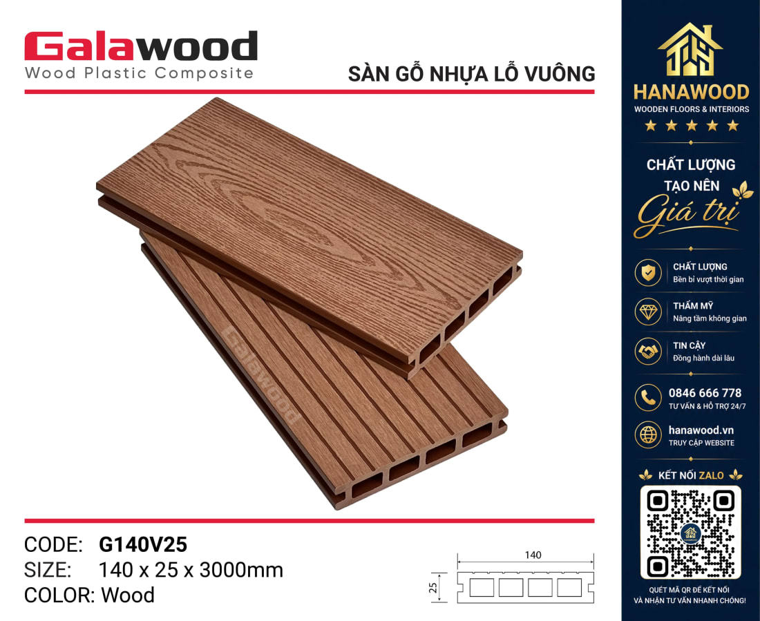 Sàn Hồ Bơi Gỗ Nhựa Galawood G140V25 Wood khả năng chống trượt bám chân tốt ngoài trời