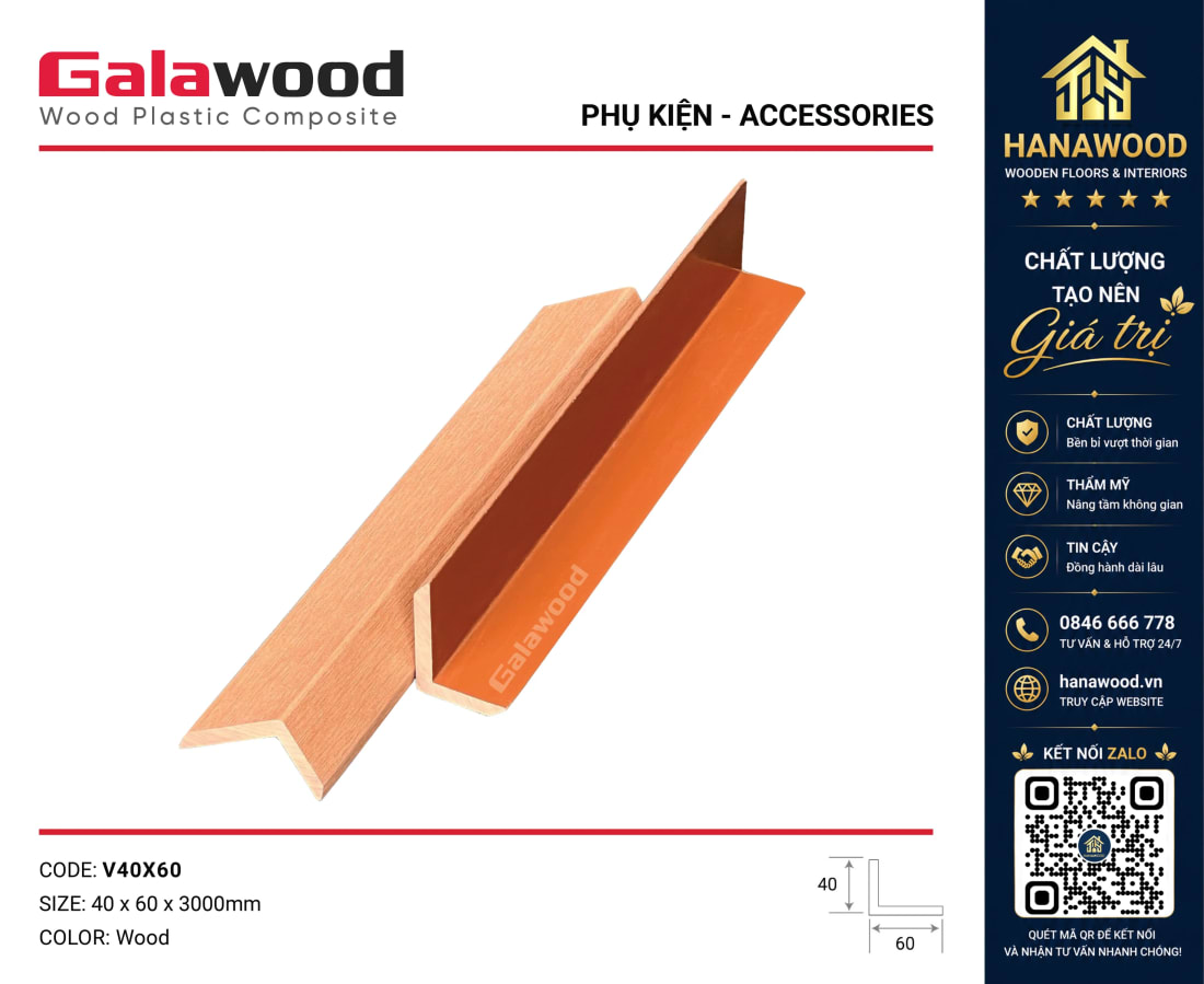 Nẹp Góc V Gỗ Nhựa Ngoài Trời Galawood V40X60 Wood che đầu nẹp khớp nối vuông vắn