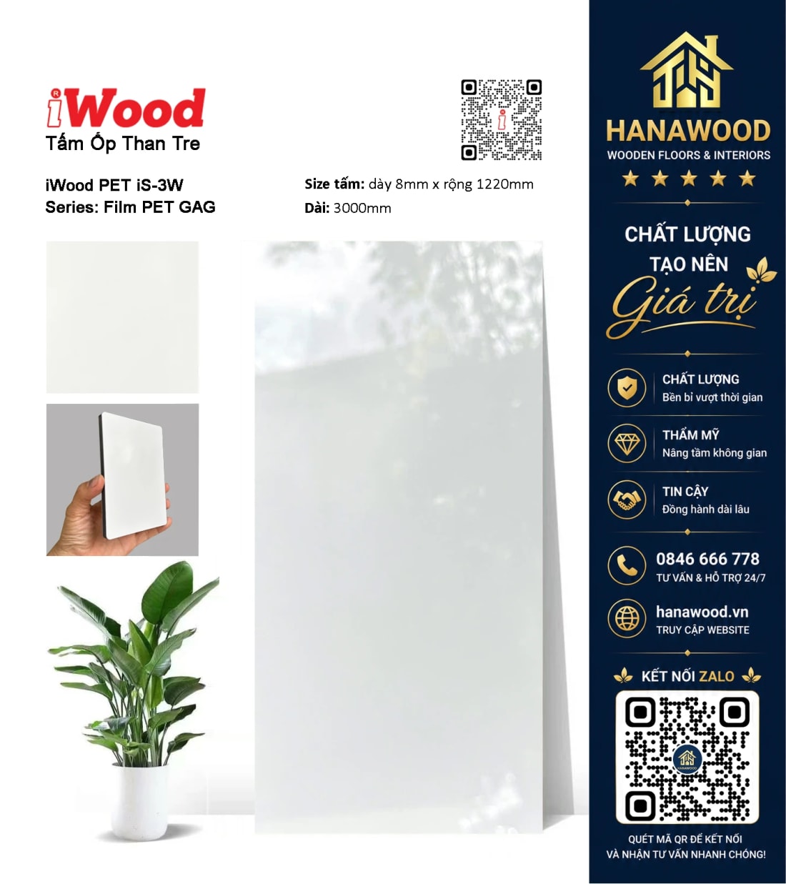 Tấm Ốp Than Tre Đa Năng Phủ PET iWood iS-3W bề mặt siêu bóng chống nước tốt