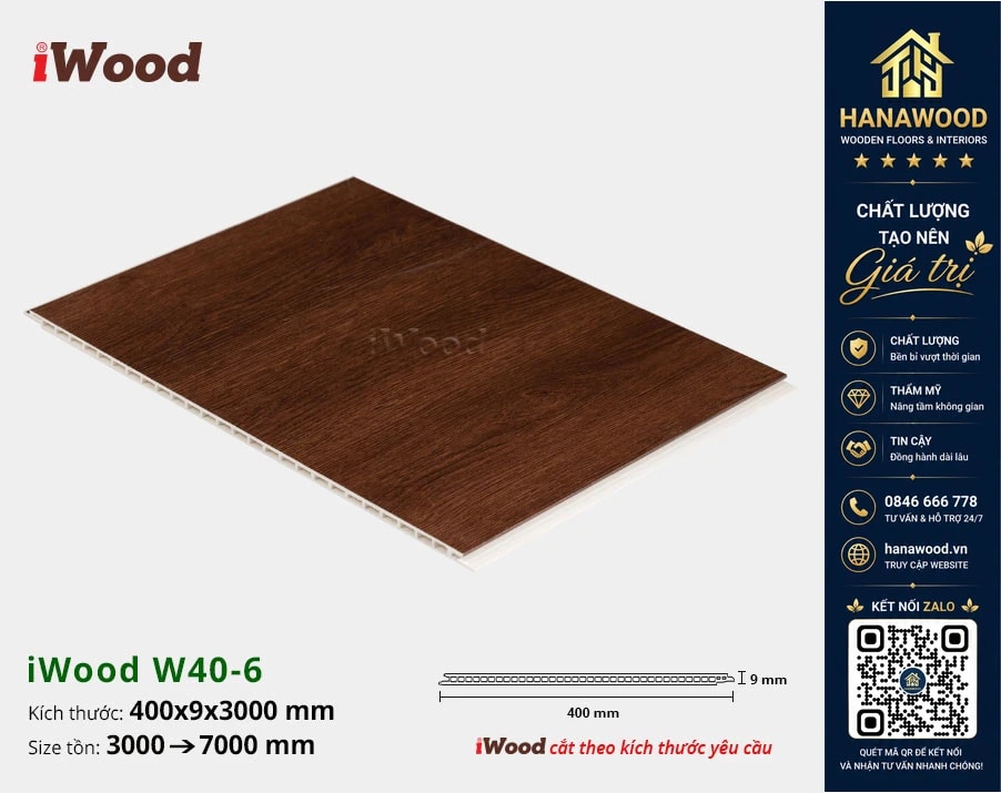 Tấm Nhựa Ốp Tường Ốp Trần Nano Giả Gỗ iWood W40-6 chống mối mọt độ bền cao