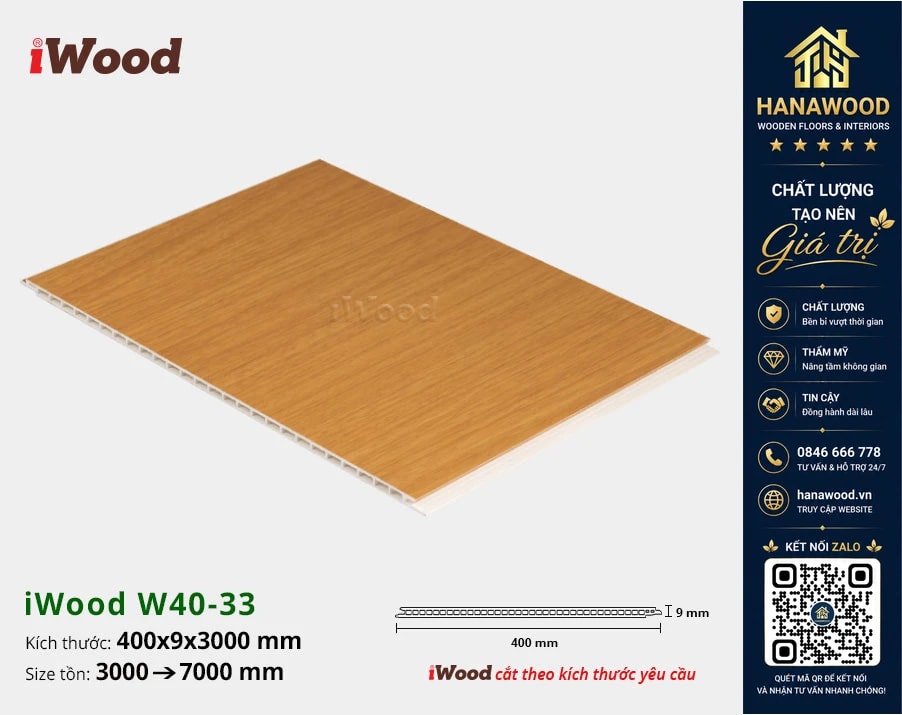 Tấm Nhựa Ốp Tường Ốp Trần Nano Giả Gỗ iWood W40-33 bề mặt phủ vân gỗ cao cấp
