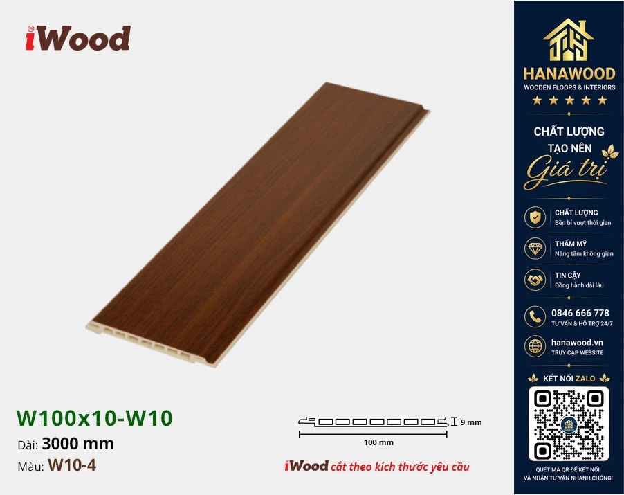 Tấm Nhựa Ốp Tường Ốp Trần Nano Giả Gỗ iWood W10-4 chất liệu nhựa PVC cao cấp