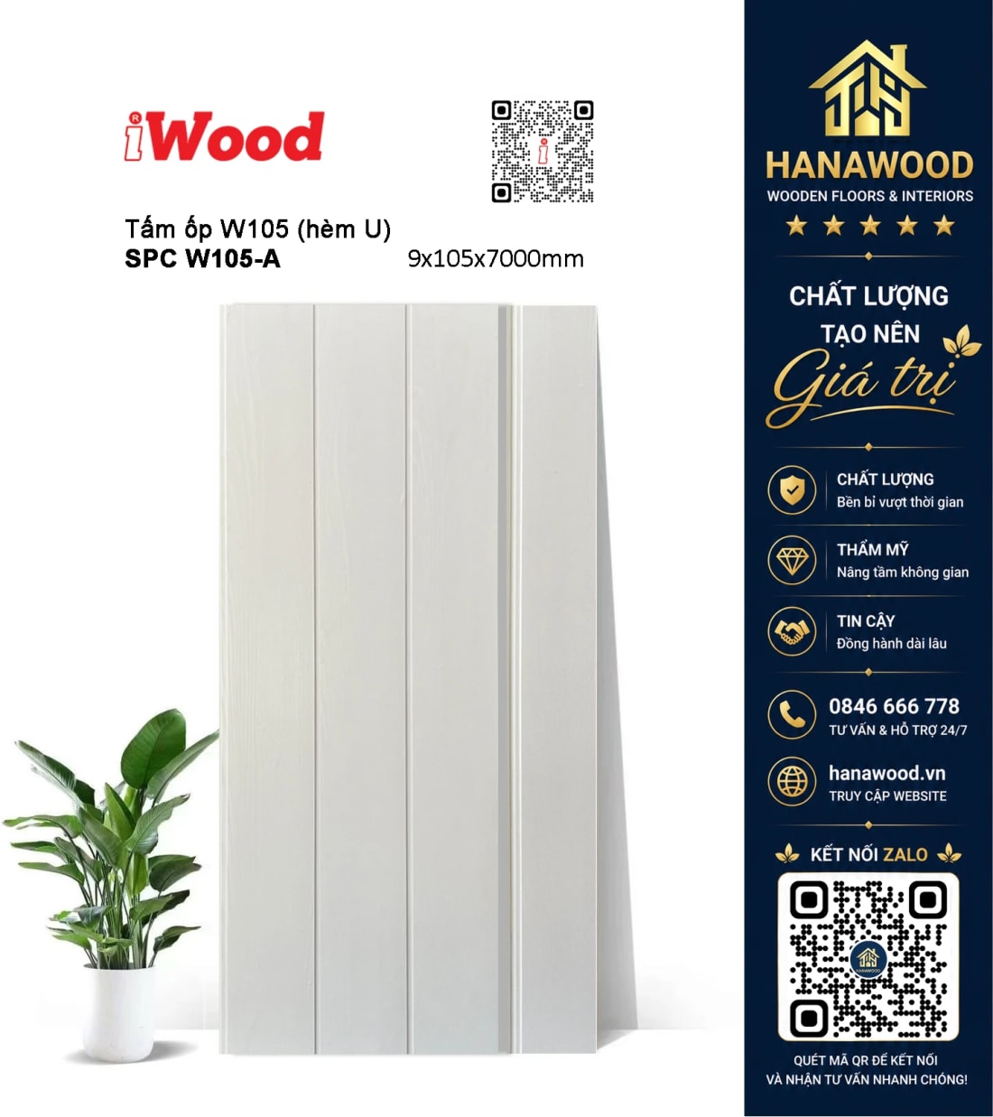 Tấm Nhựa Ốp Tường Nano iWood W105-A Màu Trắng Trơn chống ẩm mốc không cong vênh