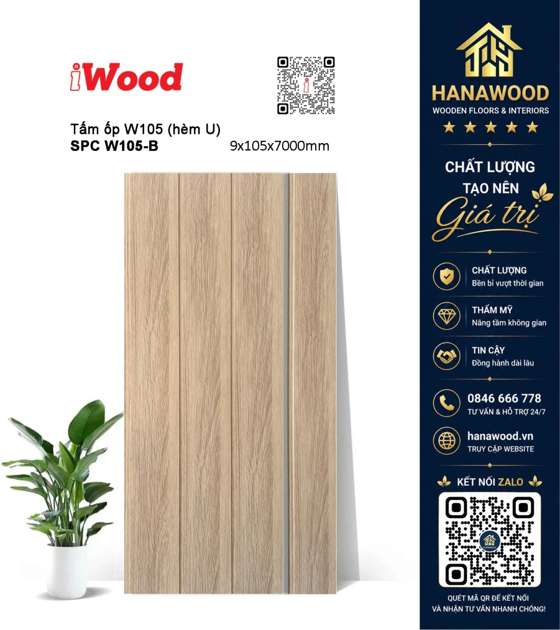Tấm Nhựa Ốp Tường Nano Giả Gỗ iWood W105-B bề mặt phủ film vân gỗ chống bám bụi