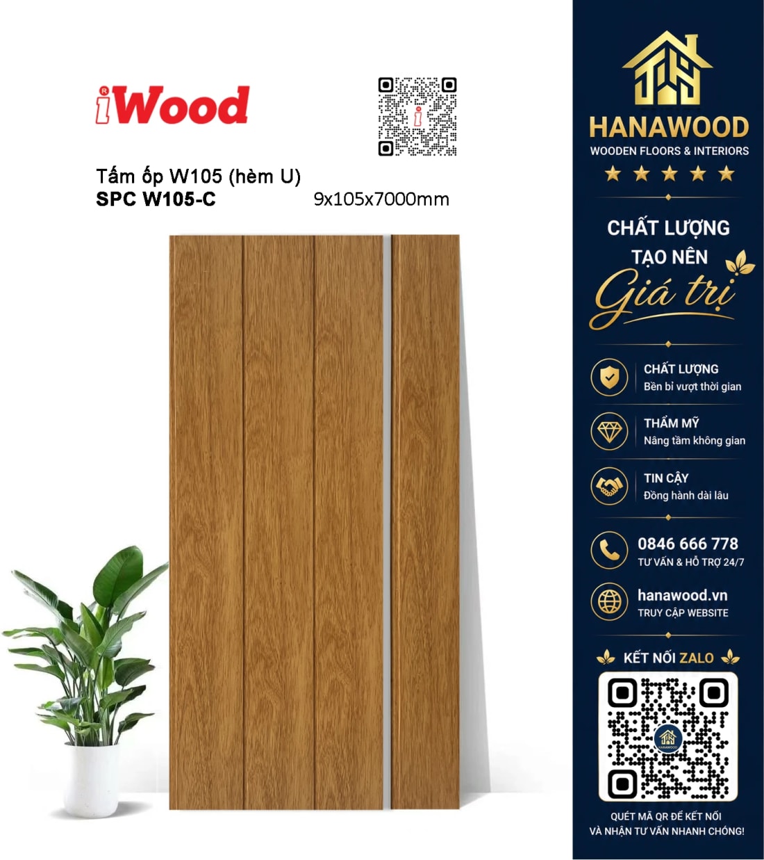 Tấm Nhựa Ốp Tường Nano Giả Vân Gỗ iWood W105-C khả năng chống nước tuyệt đối