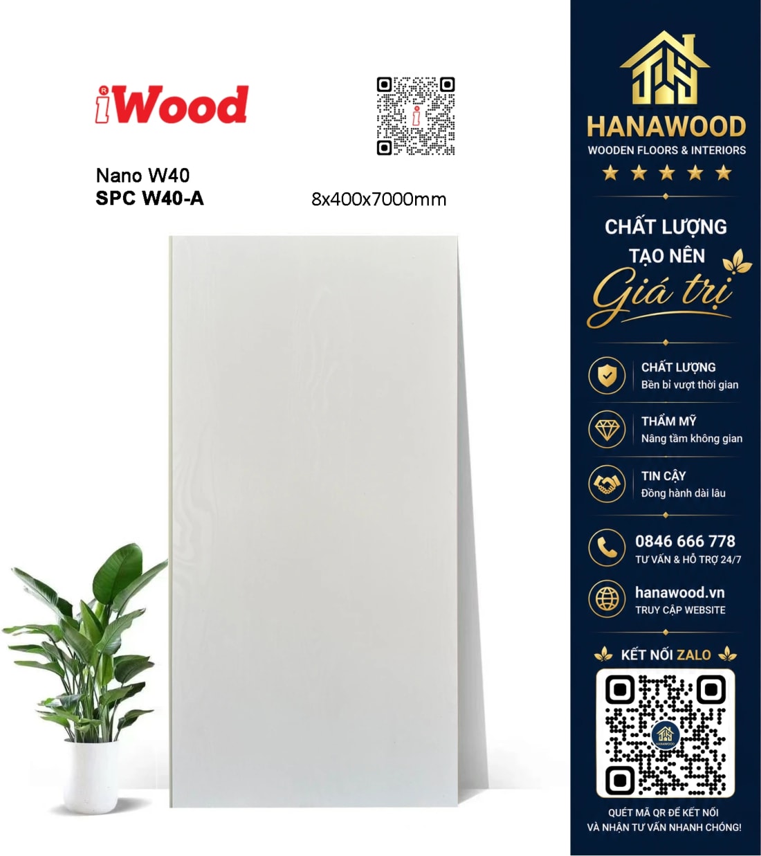 Tấm Nhựa Ốp Tường Nano iWood W40-A Màu Trắng Trơn chống ẩm mốc không cong vênh