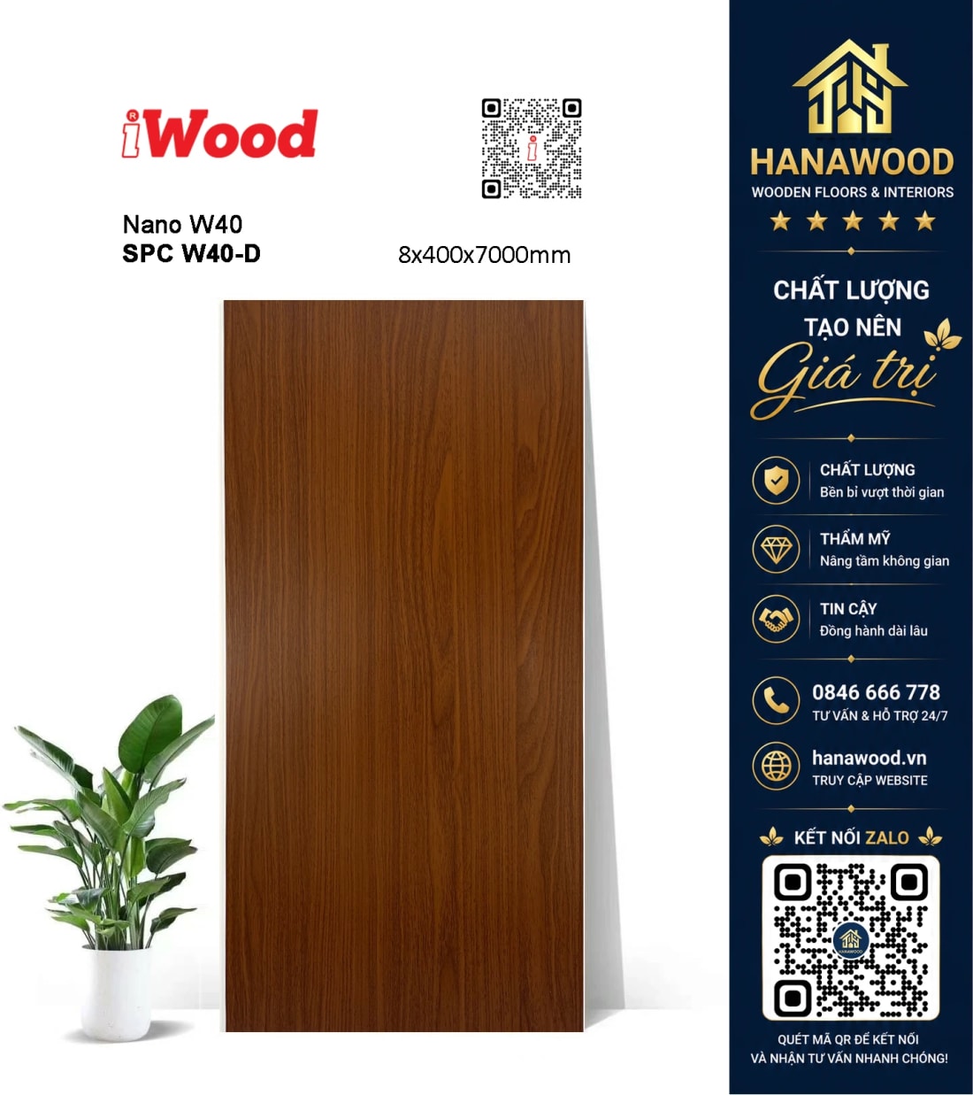 Tấm Nhựa Ốp Trần Nano Giả Vân Gỗ iWood W40-D chất liệu PVC cao cấp chịu lực