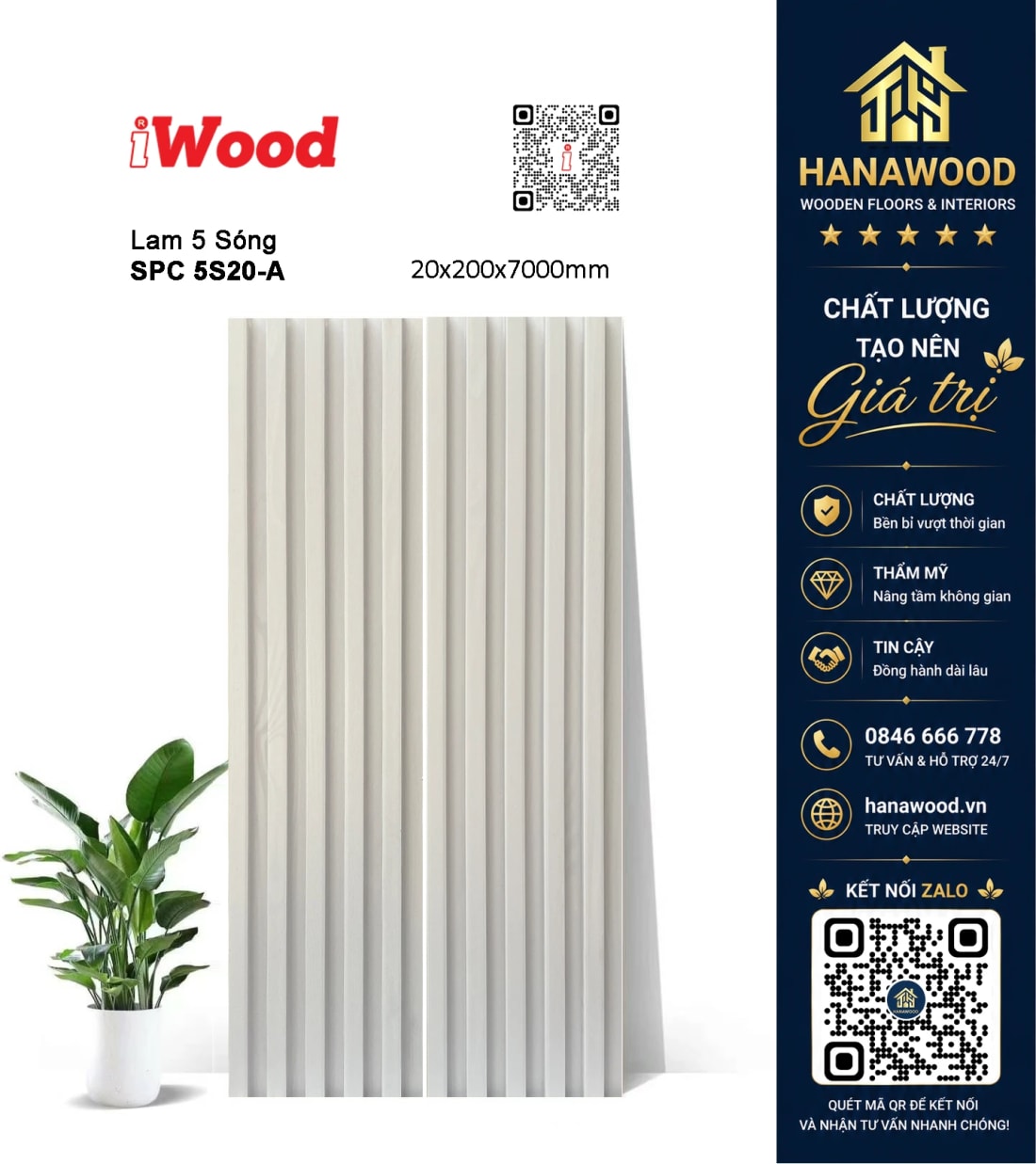 Tấm Lam 5 Sóng Nhựa iWood 5S20-A Màu Trắng Trơn chống ẩm mốc không cong vênh