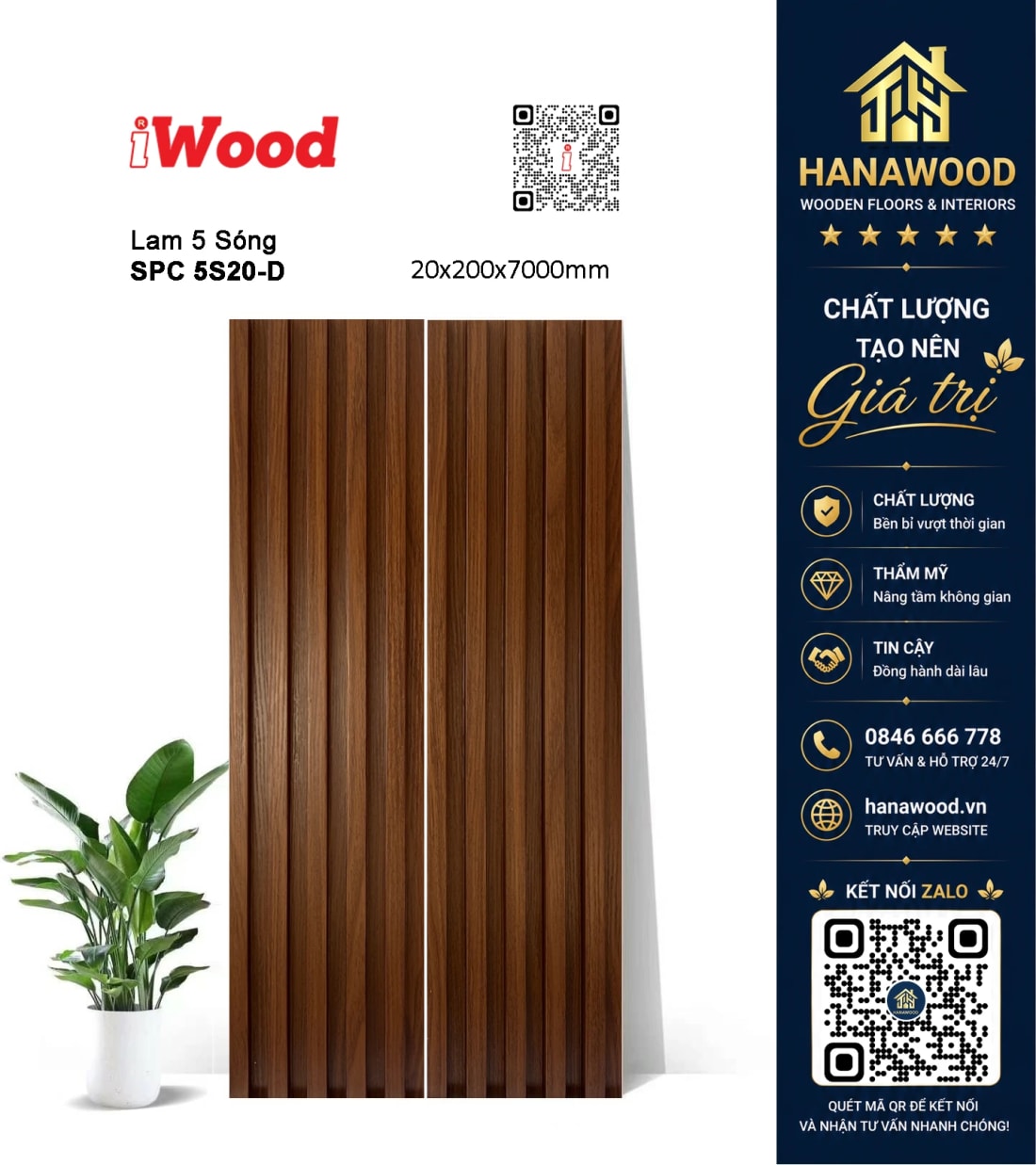 Lam 5 Sóng Nhựa Giả Gỗ Ốp Tường iWood 5S20-D chất liệu PVC cao cấp chịu lực