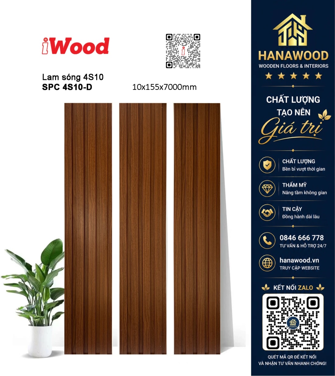 Tấm Ốp Lam Sóng Nhựa Ốp Tường Giả Vân Gỗ iWood 4S10-D chất liệu PVC cao cấp chịu lực