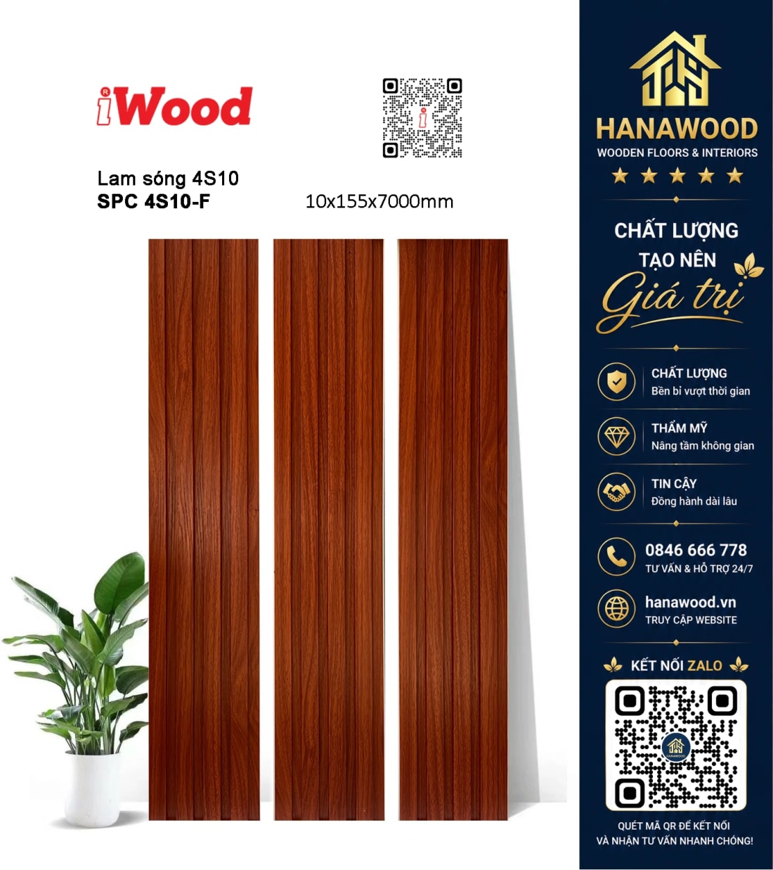 Tấm Nhựa Ốp Tường Lam Sóng Giả Vân Gỗ iWood 4S10-F bề mặt vân gỗ tự nhiên siêu bền