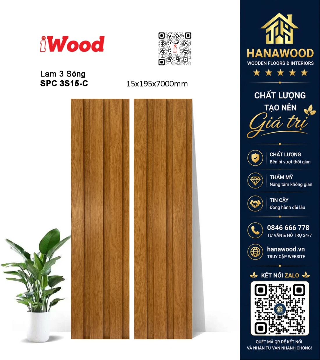 Tấm Nhựa Ốp Tường Lam 3 Sóng Giả Gỗ iWood 3S15-C khả năng chống nước tuyệt đối