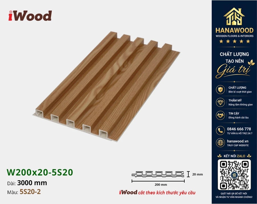 Tấm Nhựa Lam 5 Sóng Giả Gỗ iWood 5S20-2 bề mặt phủ film vân gỗ chống bám bụi