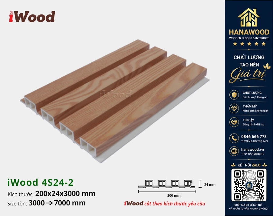 Tấm Nhựa Ốp Tường Lam 4 Sóng Cao Giả Gỗ iWood 4S24-2 bề mặt phủ film vân gỗ chống bám bụi