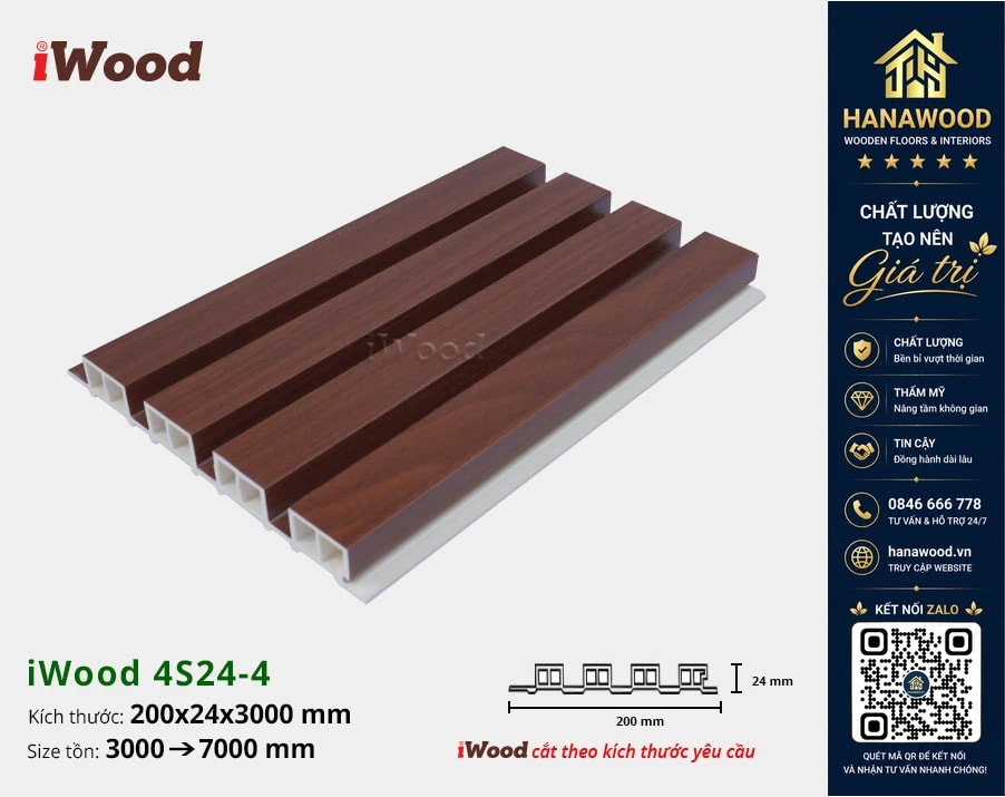 Tấm Nhựa Ốp Tường Lam 4 Sóng Cao Giả Gỗ iWood 4S24-4 khả năng chống nước tuyệt đối